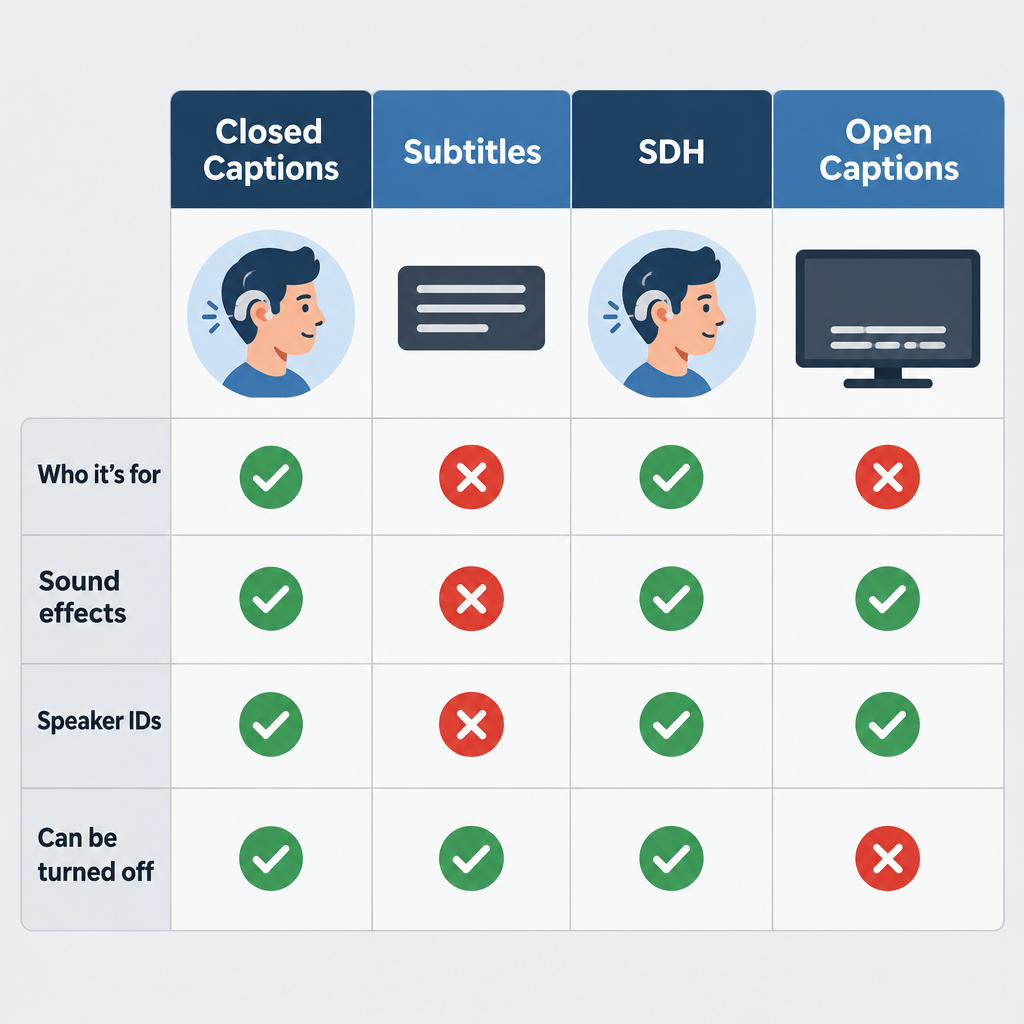 Four Caption Types Comparison Chart
