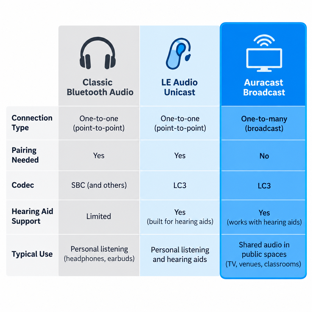 Auracast vs Classic Bluetooth Comparison Chart